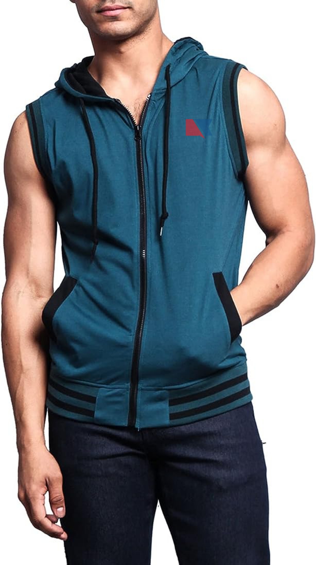 Men's Lightweight Athletic Casual Sleeveless Contrast Zipper Hoodie
