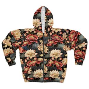 Unisex Zip Hoodie Black Red Lotus Floral Pattern