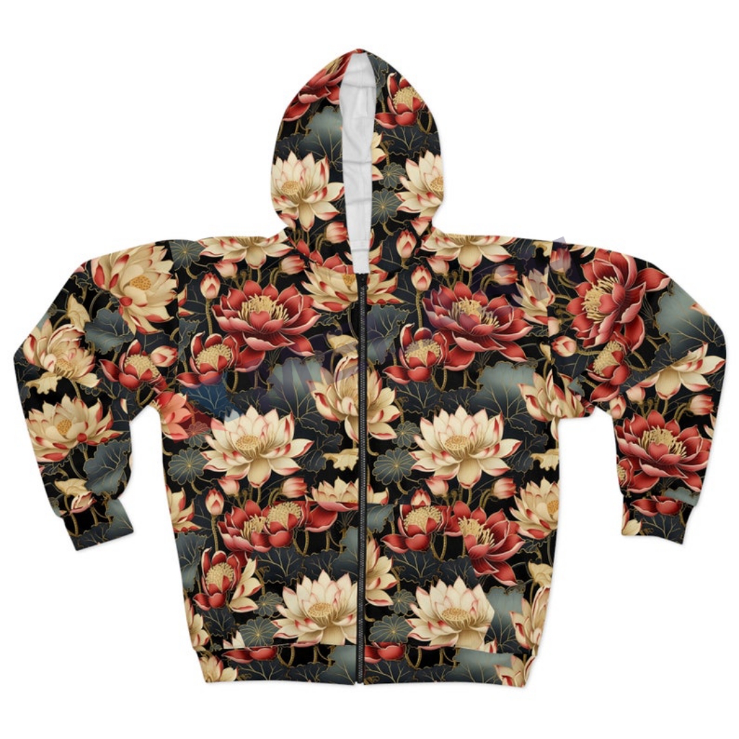 Unisex Zip Hoodie Black Red Lotus Floral Pattern
