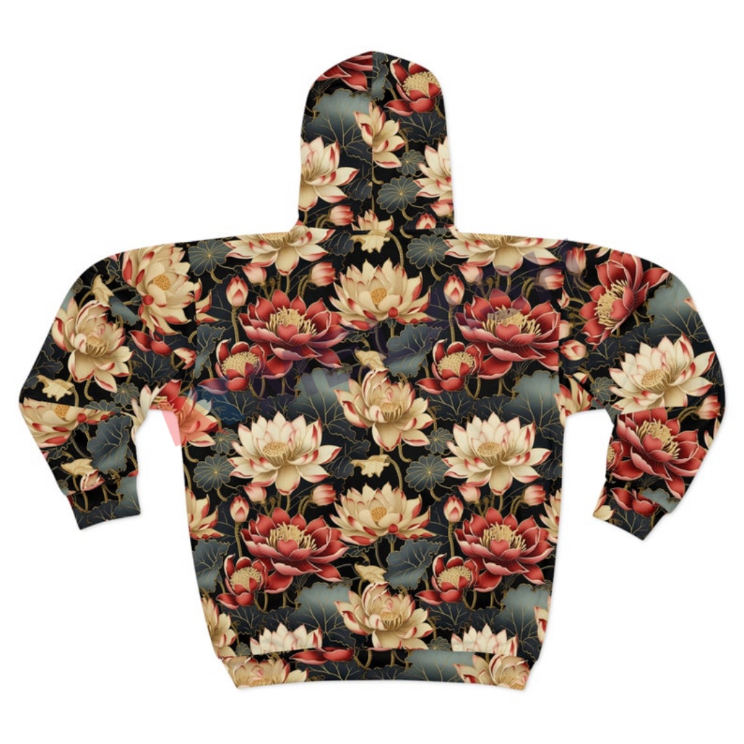 Unisex Zip Hoodie Black Red Lotus Floral Pattern - Image 2