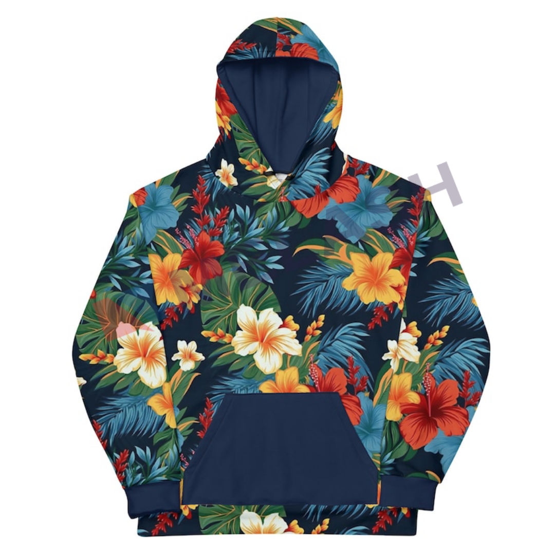 Unisex Tropical Print Hoodie, Hawaiian Print, Floral Sweatshirt, Trendy Streetwear