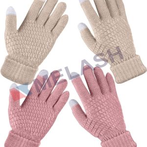 2 Pairs Women's Winter Touchscreen Gloves Warm Fleece Lined Knit Gloves Elastic Cuff Winter Texting Gloves