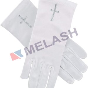 Girl's White First Communion Gloves with Rhinestone Cross, Medium
